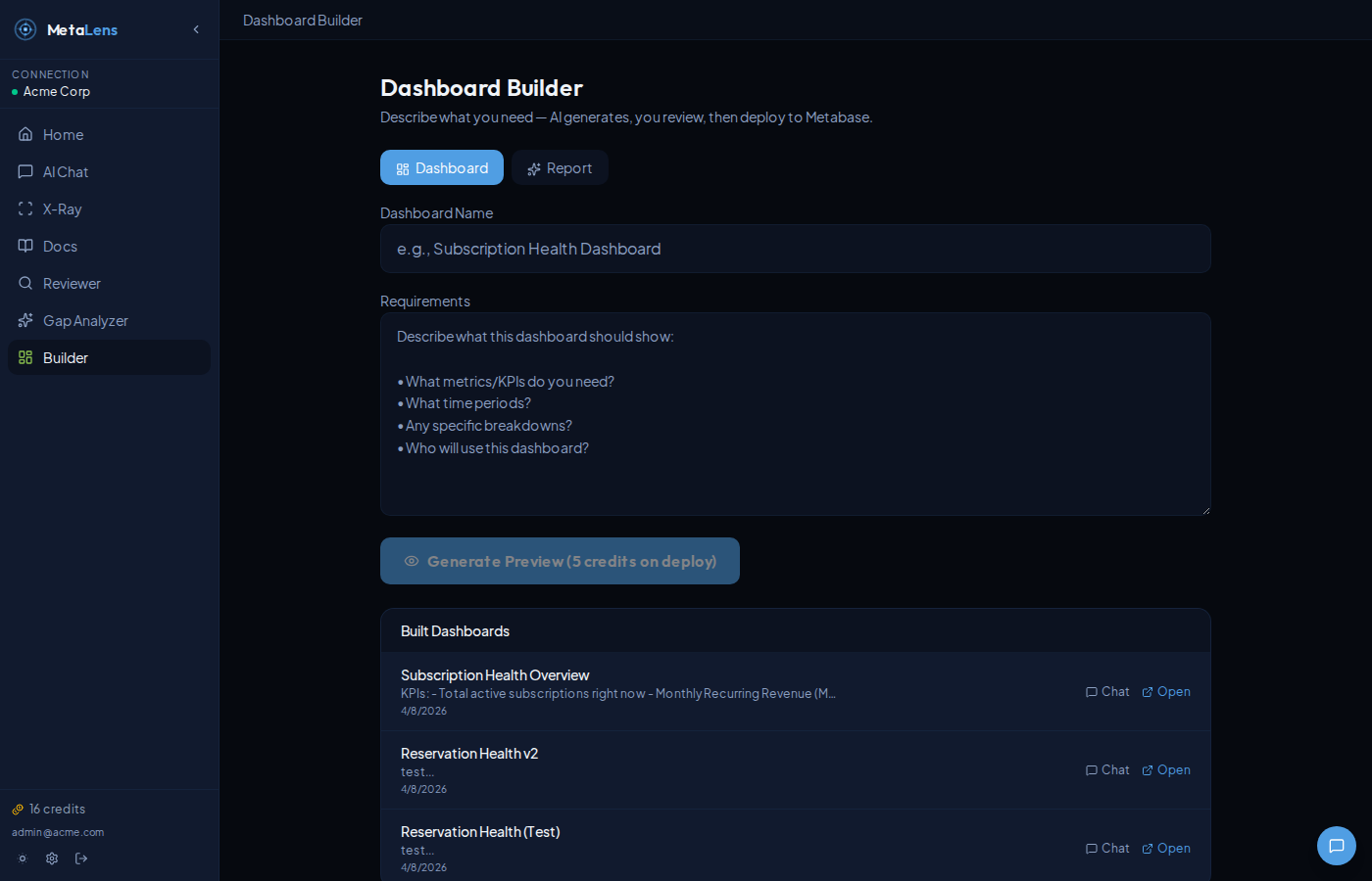Dashboard Builder with preview and deploy